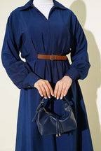Kemer Detaylı Pensli Kloş Elbise Lacivert