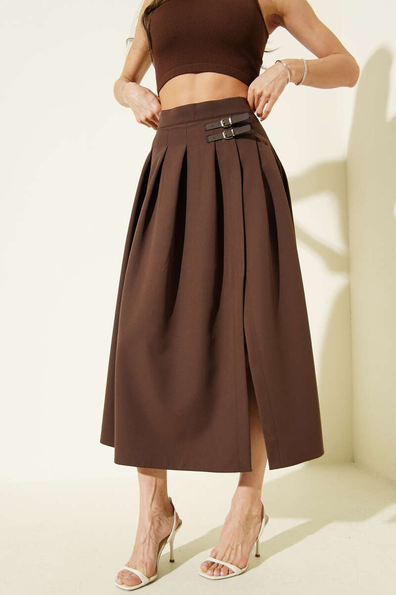 Kemer Detaylı Yırtmaçlı Midi Etek