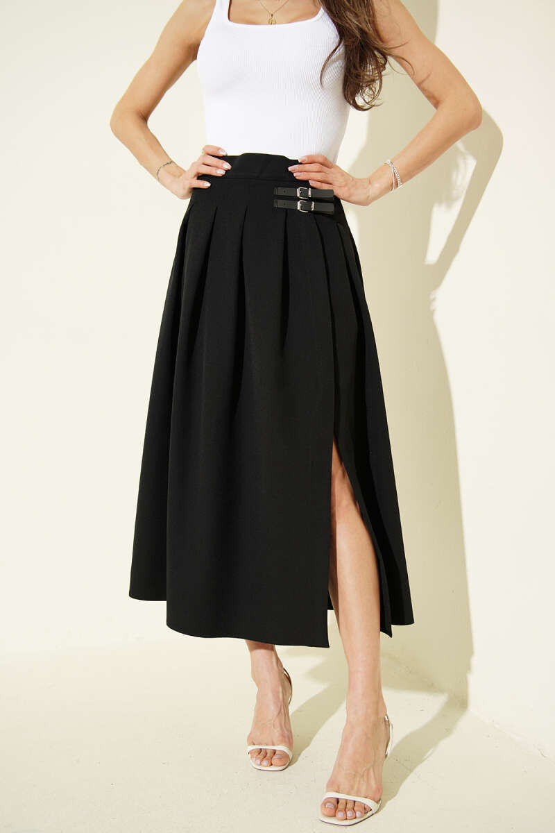 Kemer Detaylı Yırtmaçlı Midi Etek