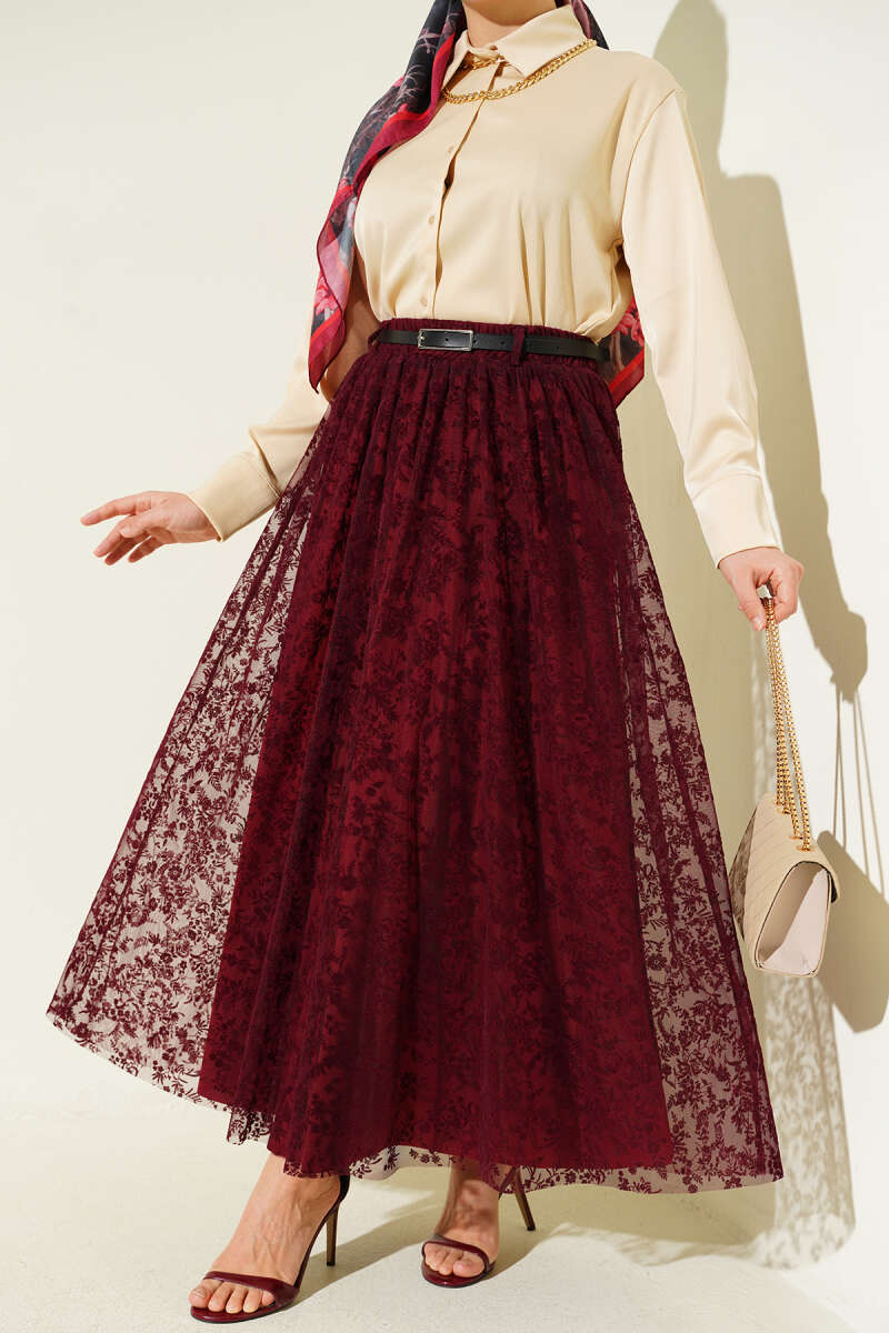 Kemerli Çiçekli Kloş Tül Etek