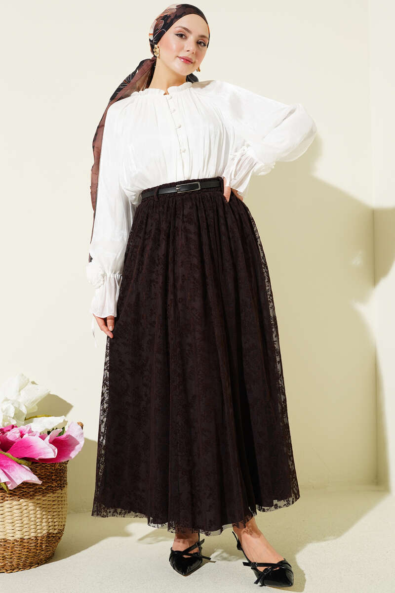 Kemerli Çiçekli Kloş Tül Etek