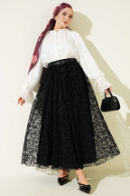 Kemerli Çiçekli Kloş Tül Etek Siyah