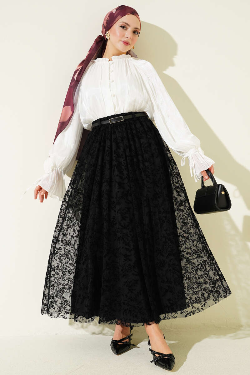 Kemerli Çiçekli Kloş Tül Etek Siyah