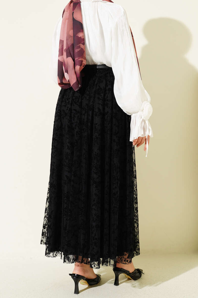 Kemerli Çiçekli Kloş Tül Etek Siyah