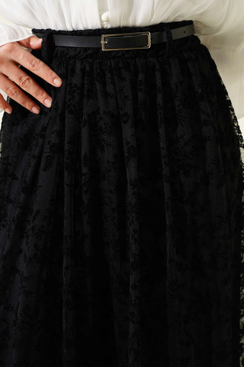 Kemerli Çiçekli Kloş Tül Etek Siyah