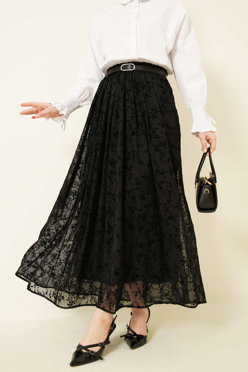 Kemerli Desenli Tül Etek Siyah