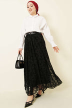 Kemerli Desenli Tül Etek Siyah