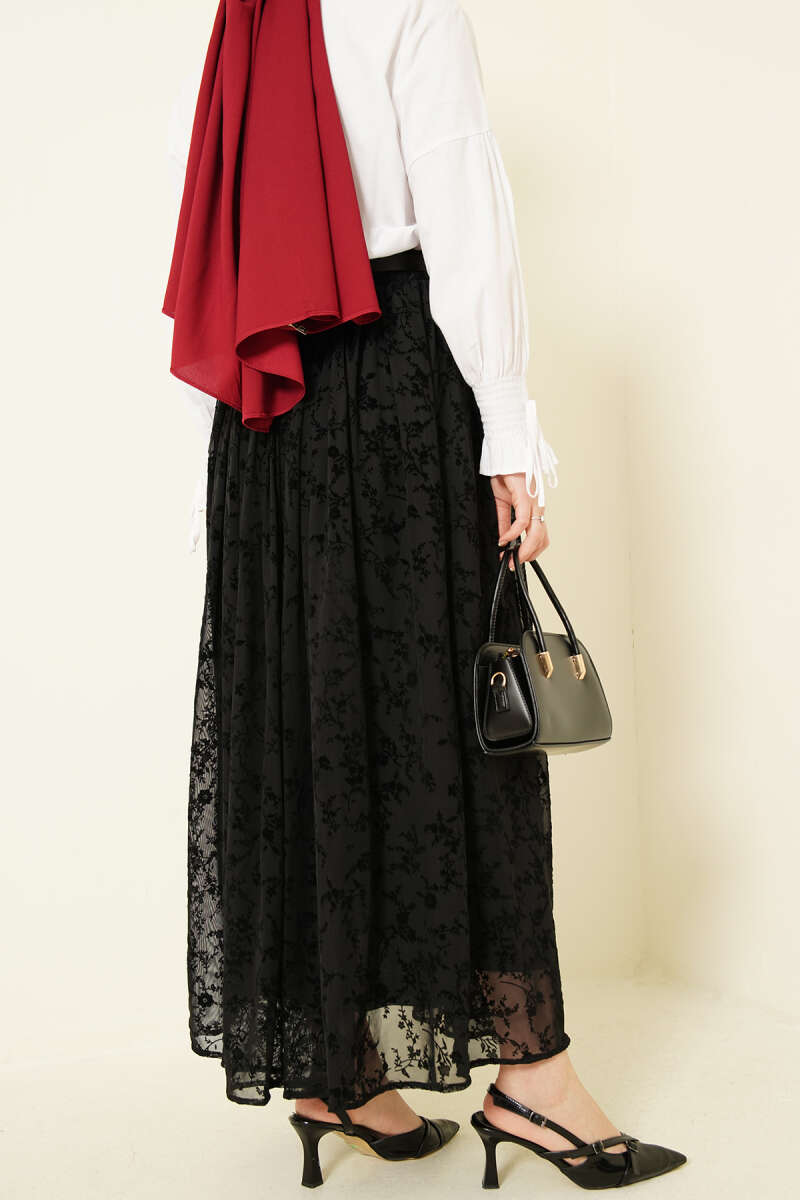 Kemerli Desenli Tül Etek Siyah