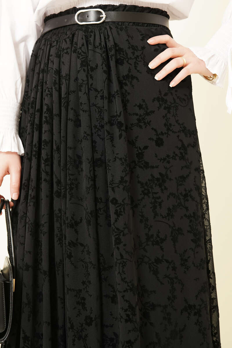 Kemerli Desenli Tül Etek Siyah