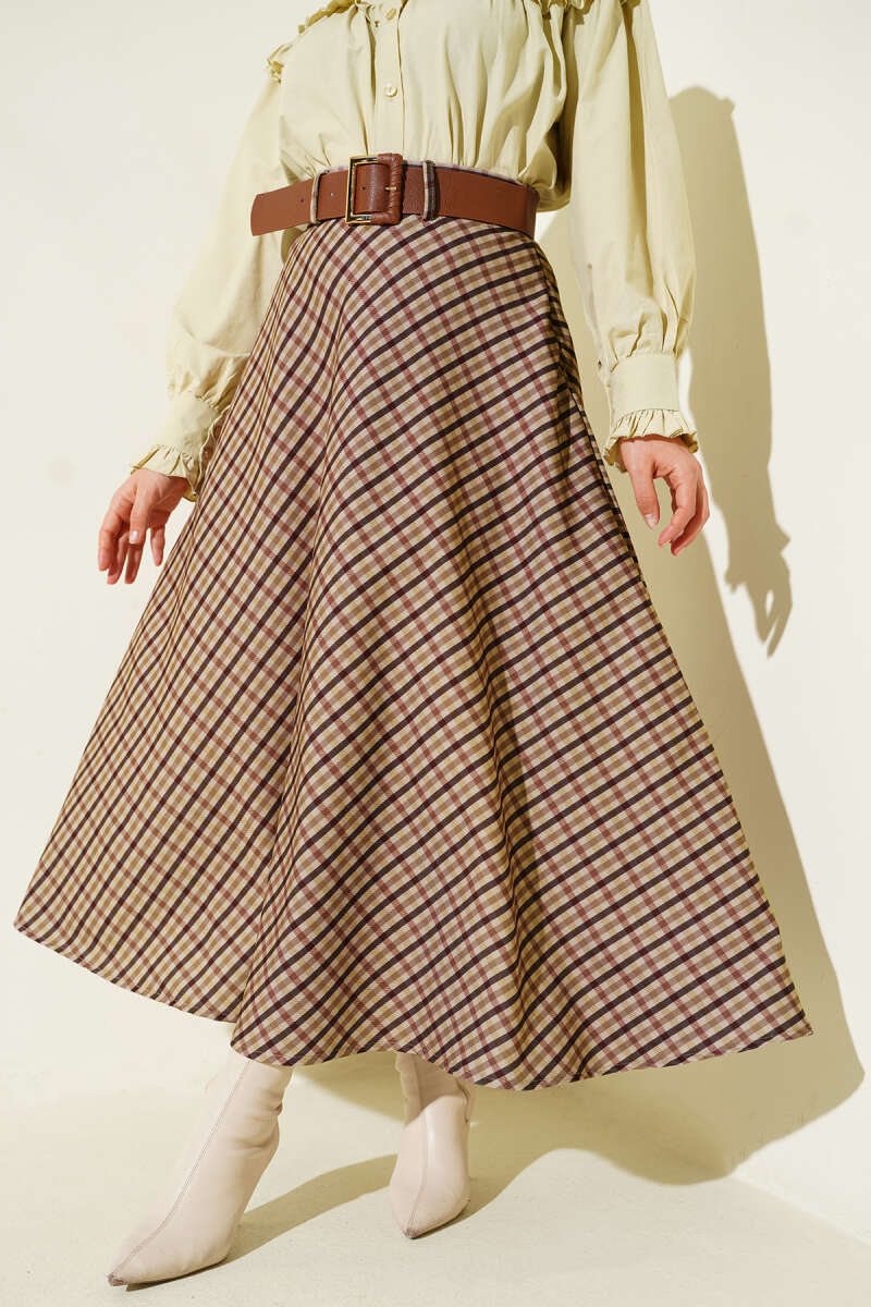 Belted Plaid Flared Skirt