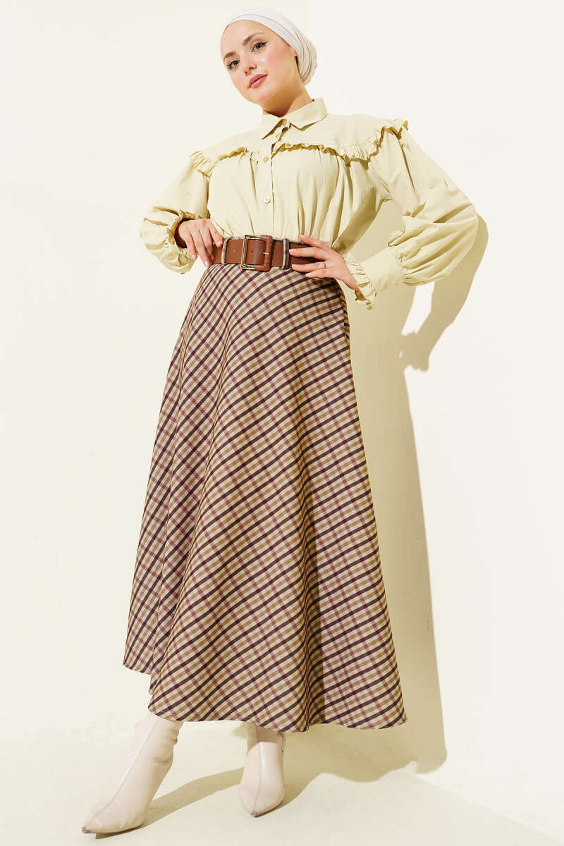 Belted Plaid Flared Skirt