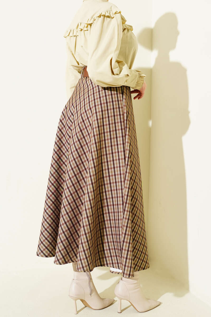 Belted Plaid Flared Skirt