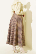 Belted Plaid Flared Skirt