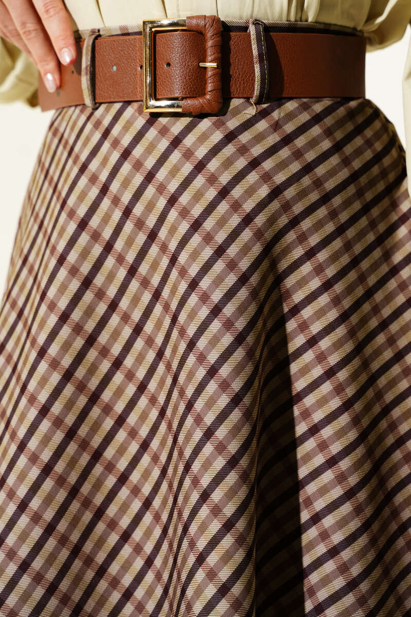 Belted Plaid Flared Skirt