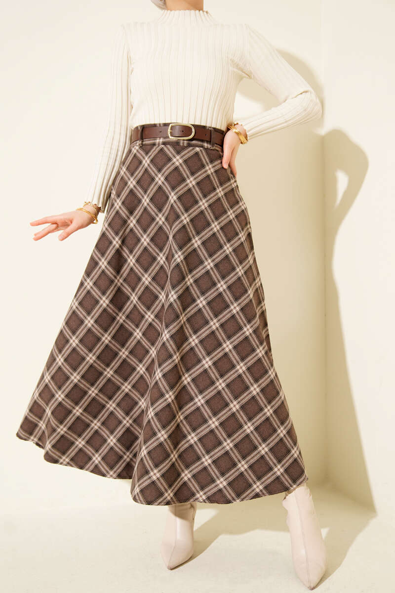 Kemerli Ekose Desenli Etek