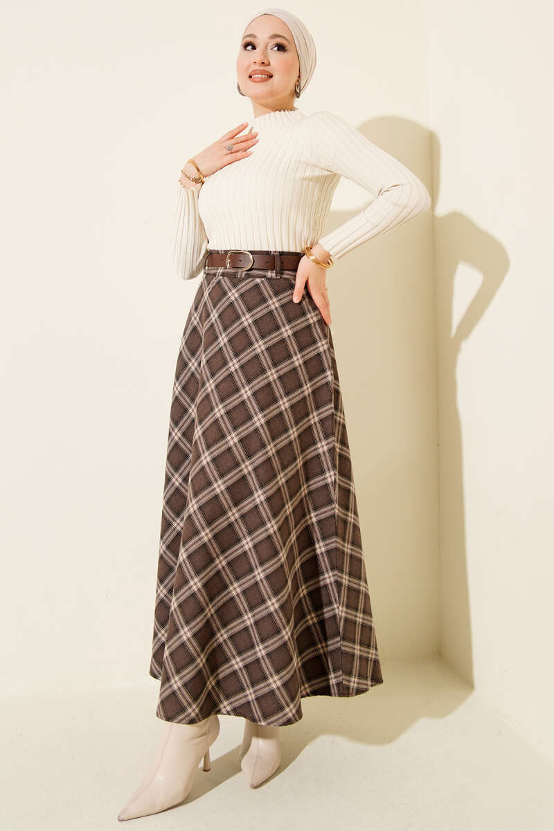 Belted Plaid Patterned Skirt Второстепенное изображение товара