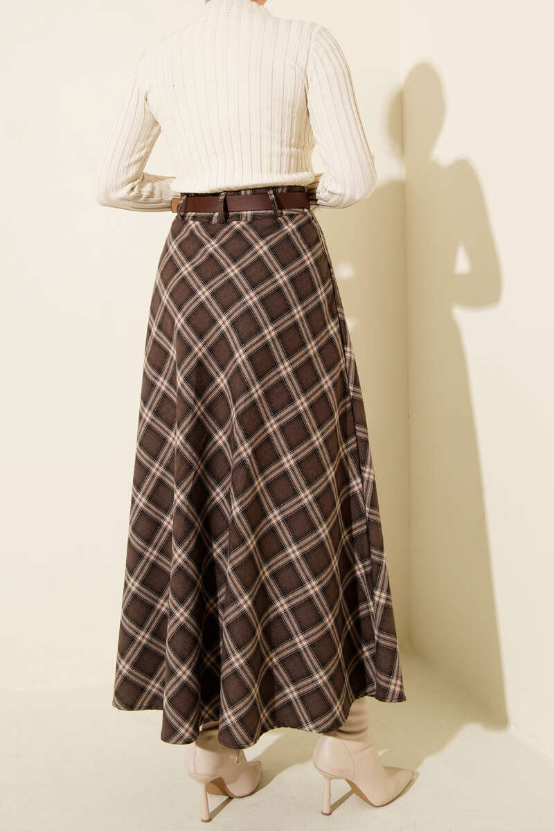 Kemerli Ekose Desenli Etek