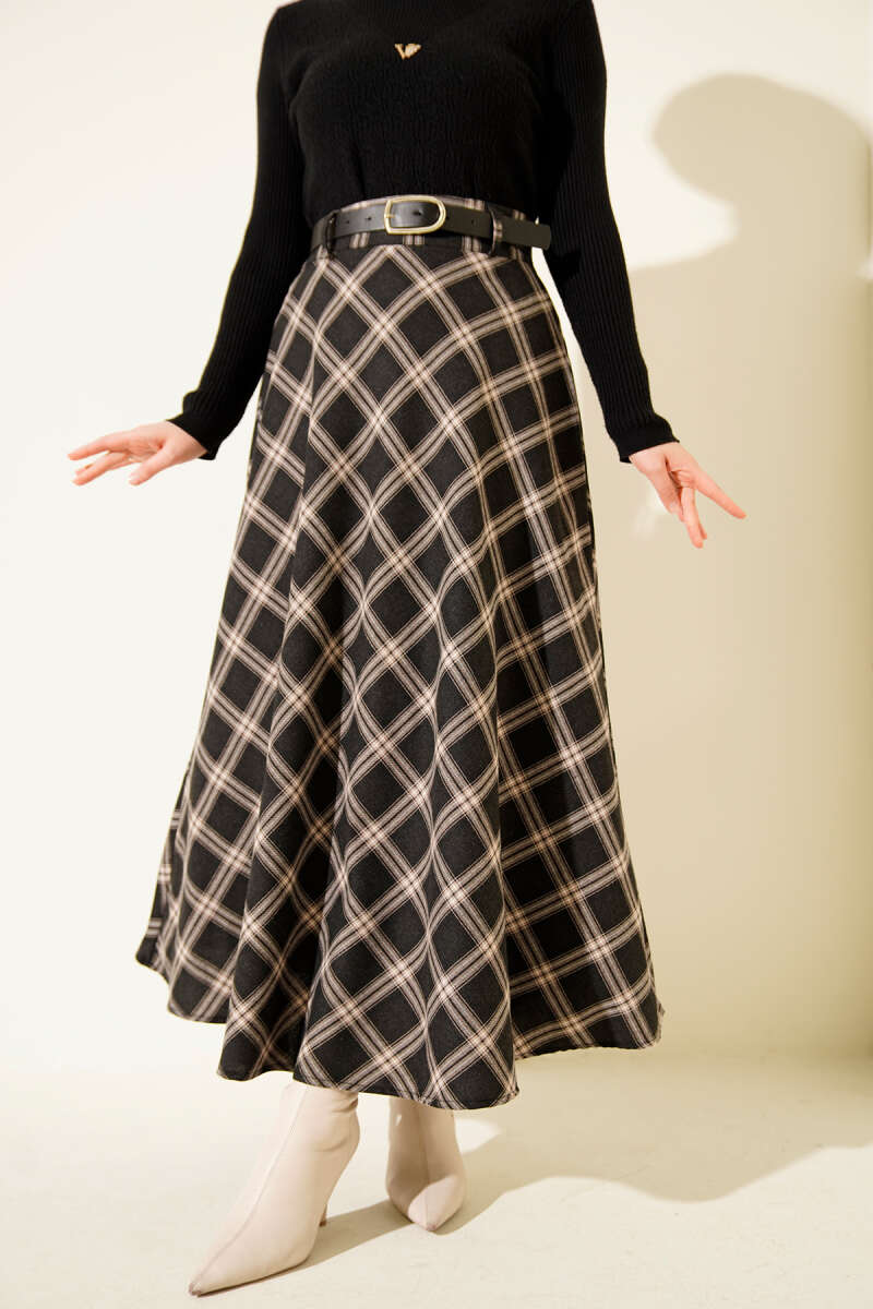 Kemerli Ekose Desenli Etek