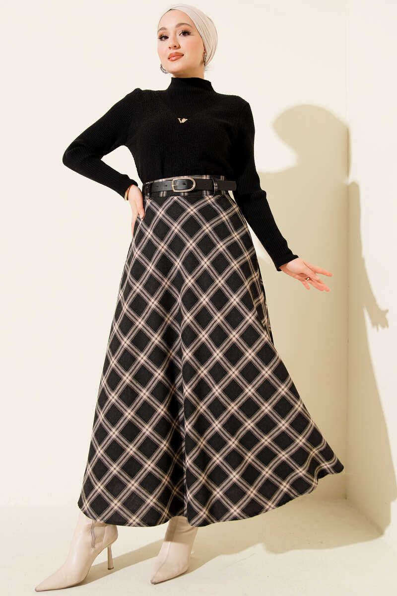 Kemerli Ekose Desenli Etek