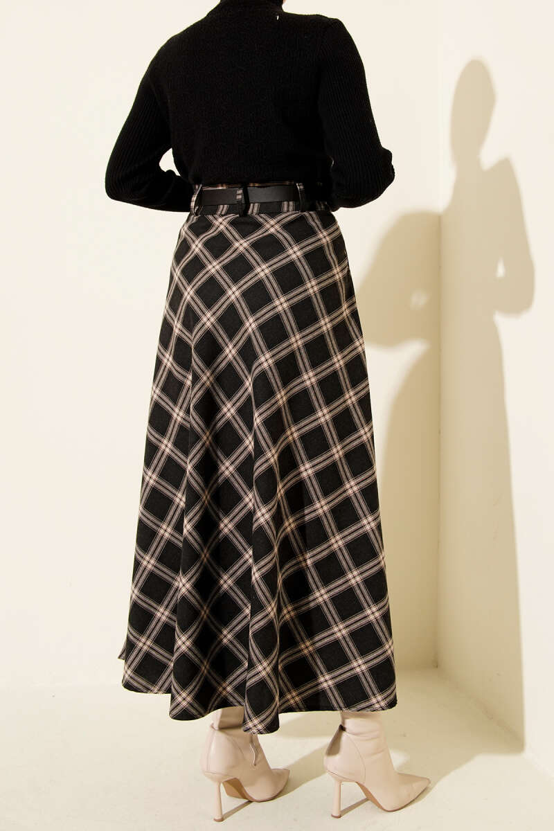 Kemerli Ekose Desenli Etek