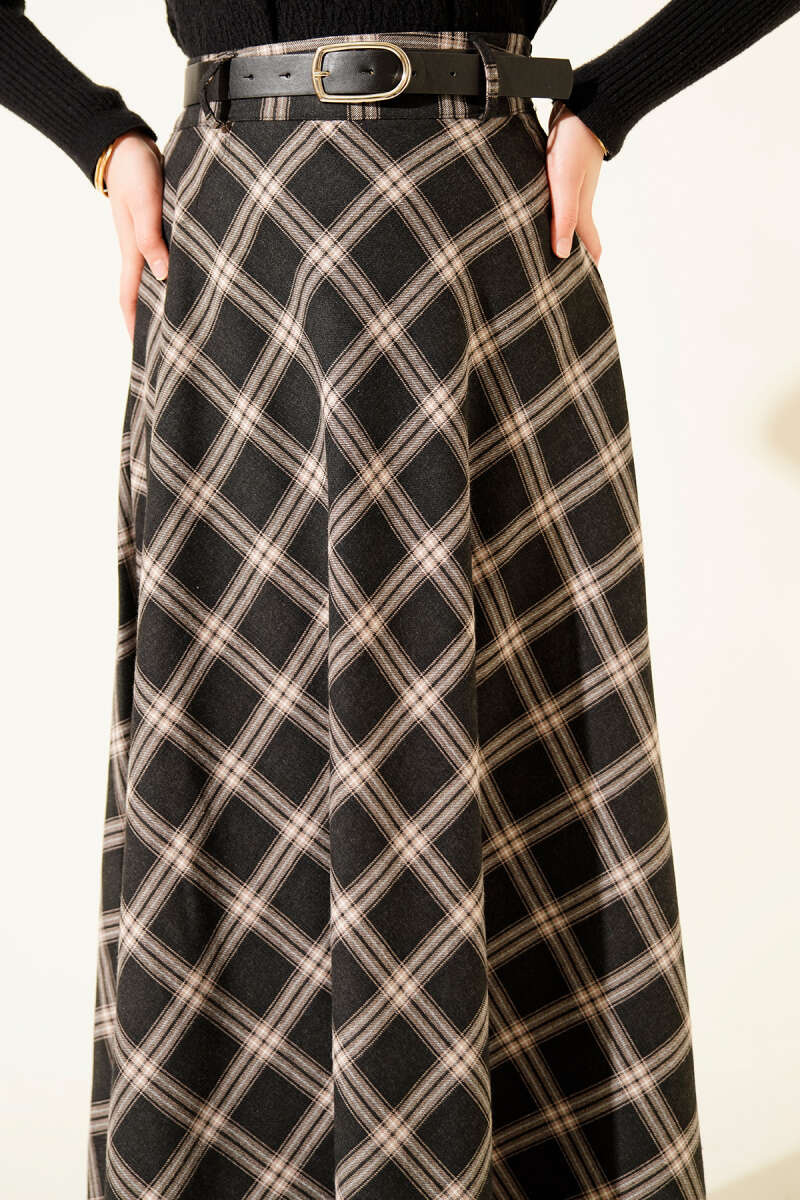 Kemerli Ekose Desenli Etek