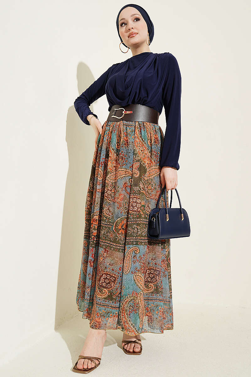 Kemerli Etnik Desenli Ikili Takım Lacivert