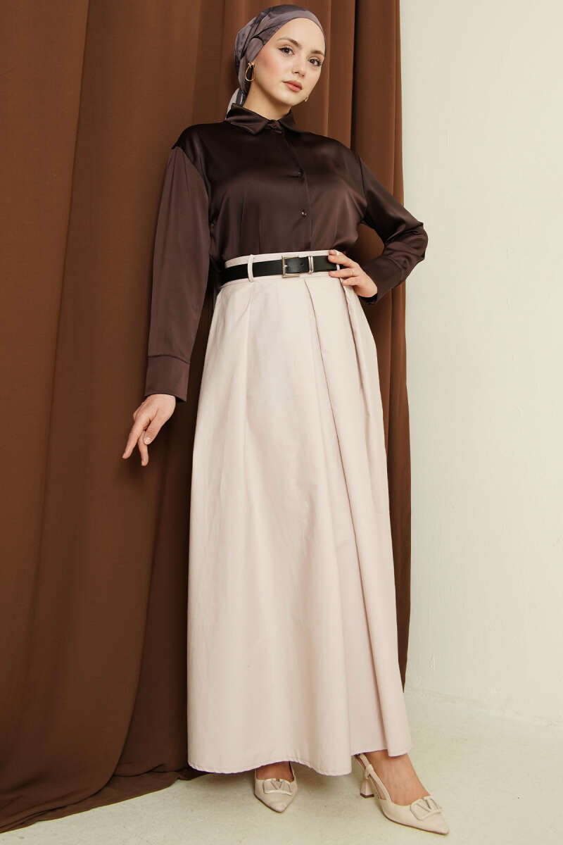 Wide Pleated Poplin Skirt with Belt Второстепенное изображение товара