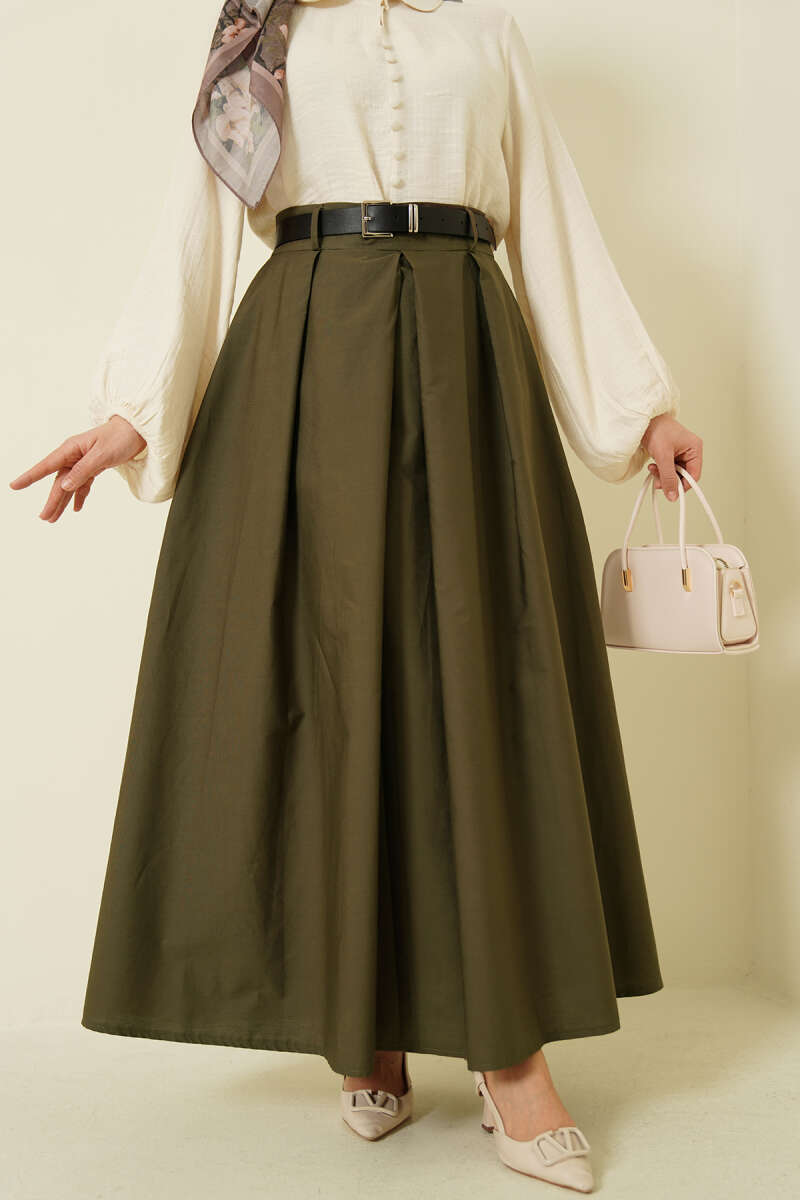 Kemerli Geniş Pileli Poplin Etek