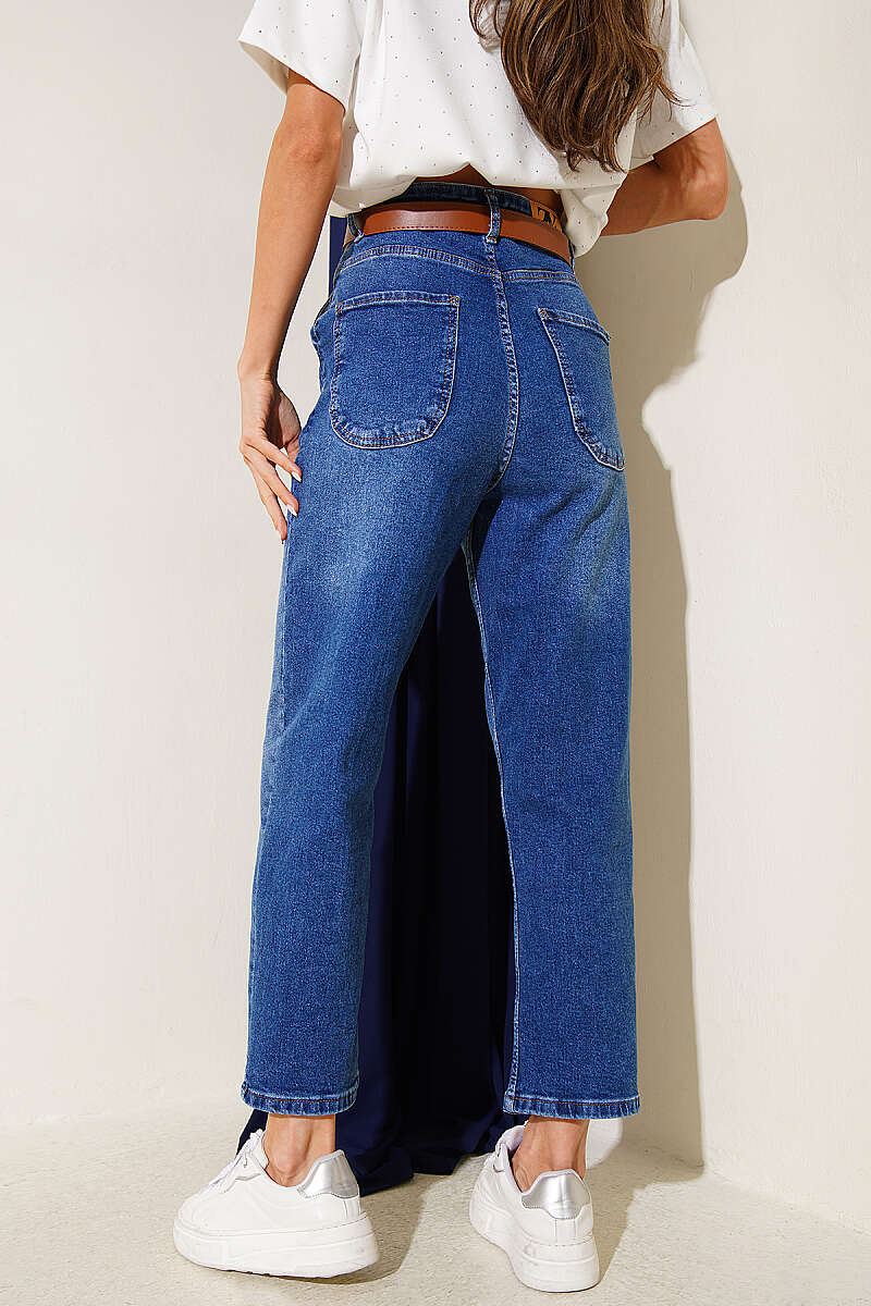 Kemerli Mom Kot Pantolon Mavi