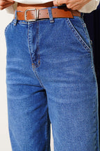 Kemerli Mom Kot Pantolon Mavi