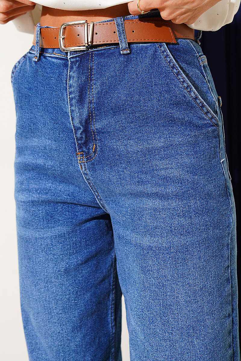Kemerli Mom Kot Pantolon Mavi
