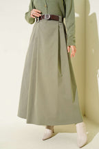 Belted Pleated Flared Skirt