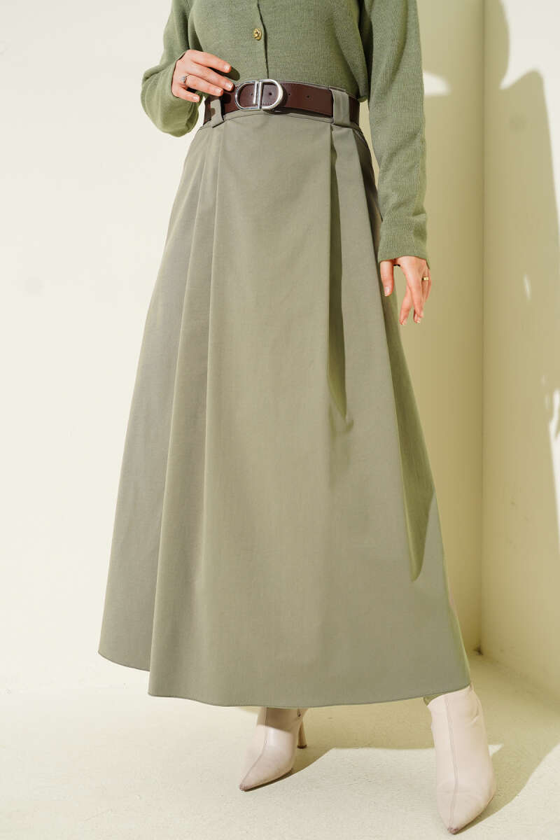 Belted Pleated Flared Skirt