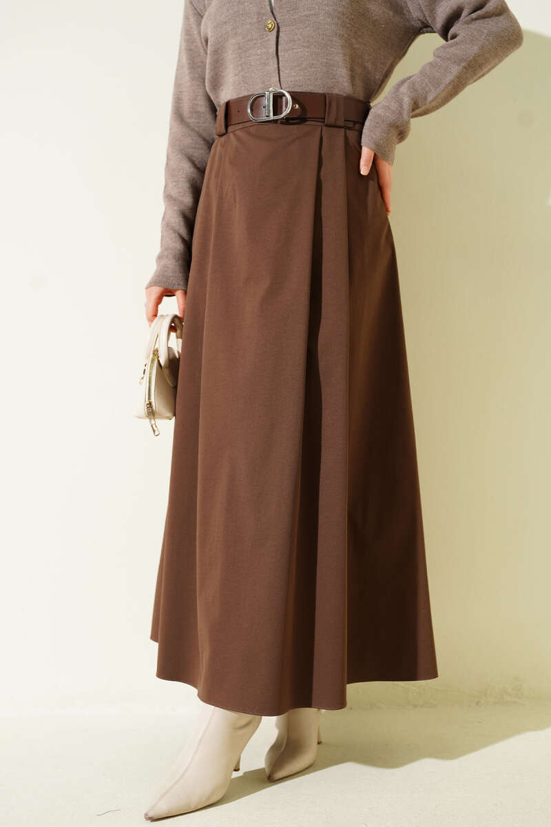 Belted Pleated Flared Skirt