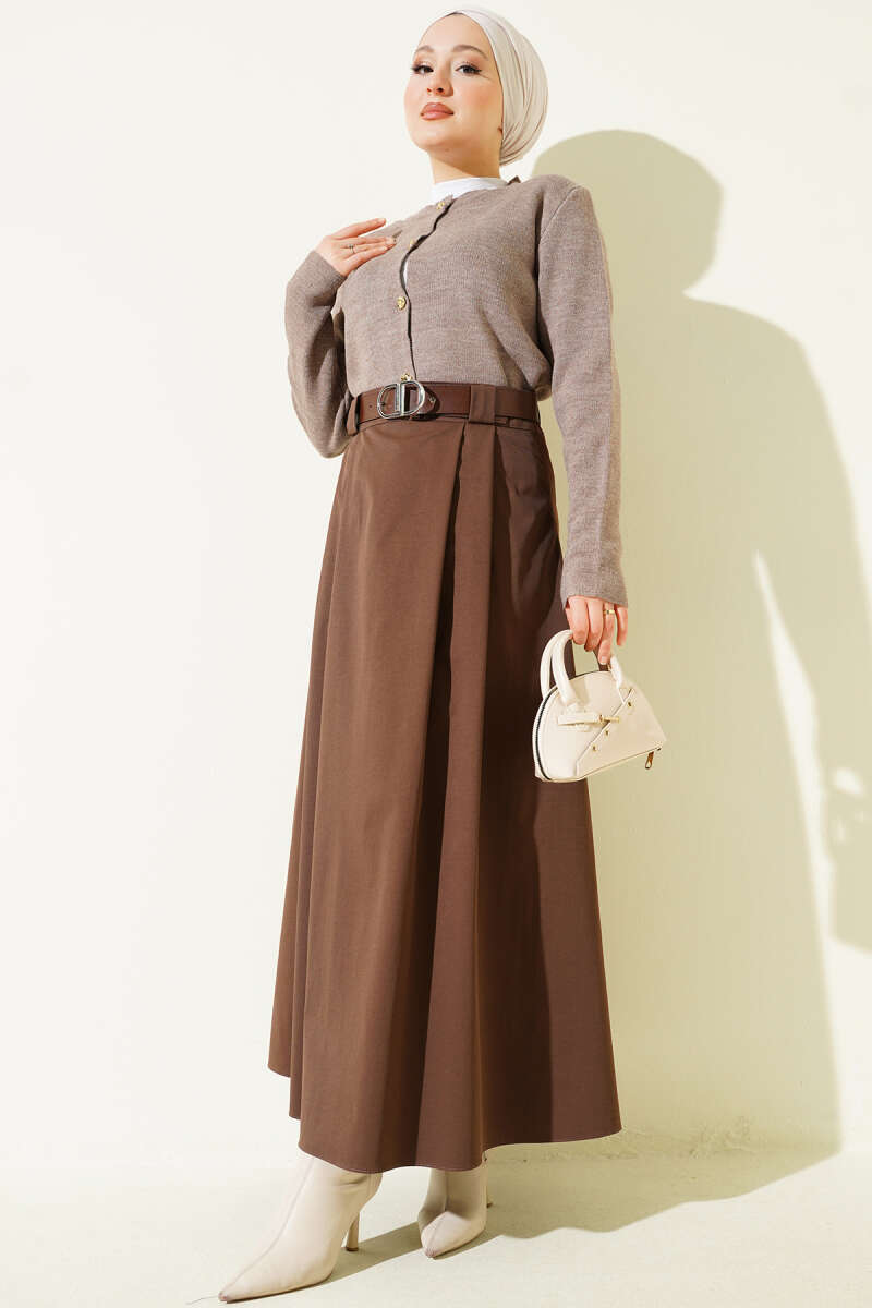 Belted Pleated Flared Skirt