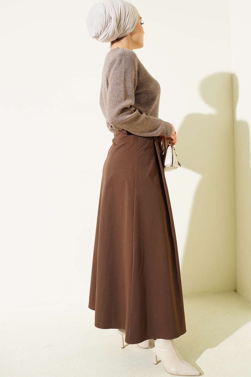 Belted Pleated Flared Skirt