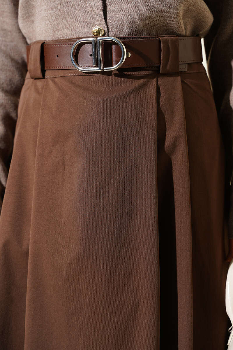 Belted Pleated Flared Skirt