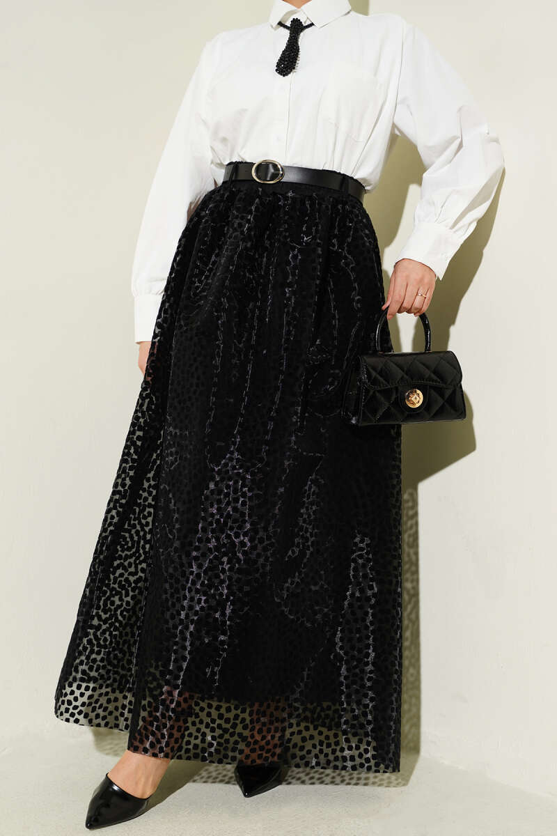 Kemerli Puantiyeli Organze Etek Siyah