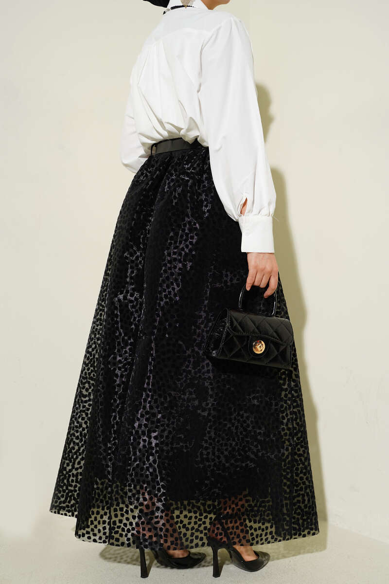 Kemerli Puantiyeli Organze Etek Siyah