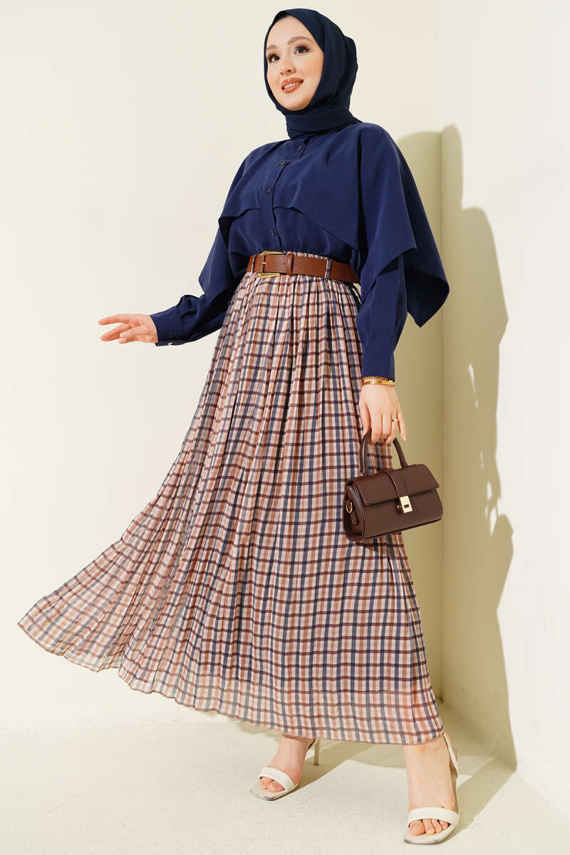 Belted Tight Pleated Plaid Skirt Второстепенное изображение товара