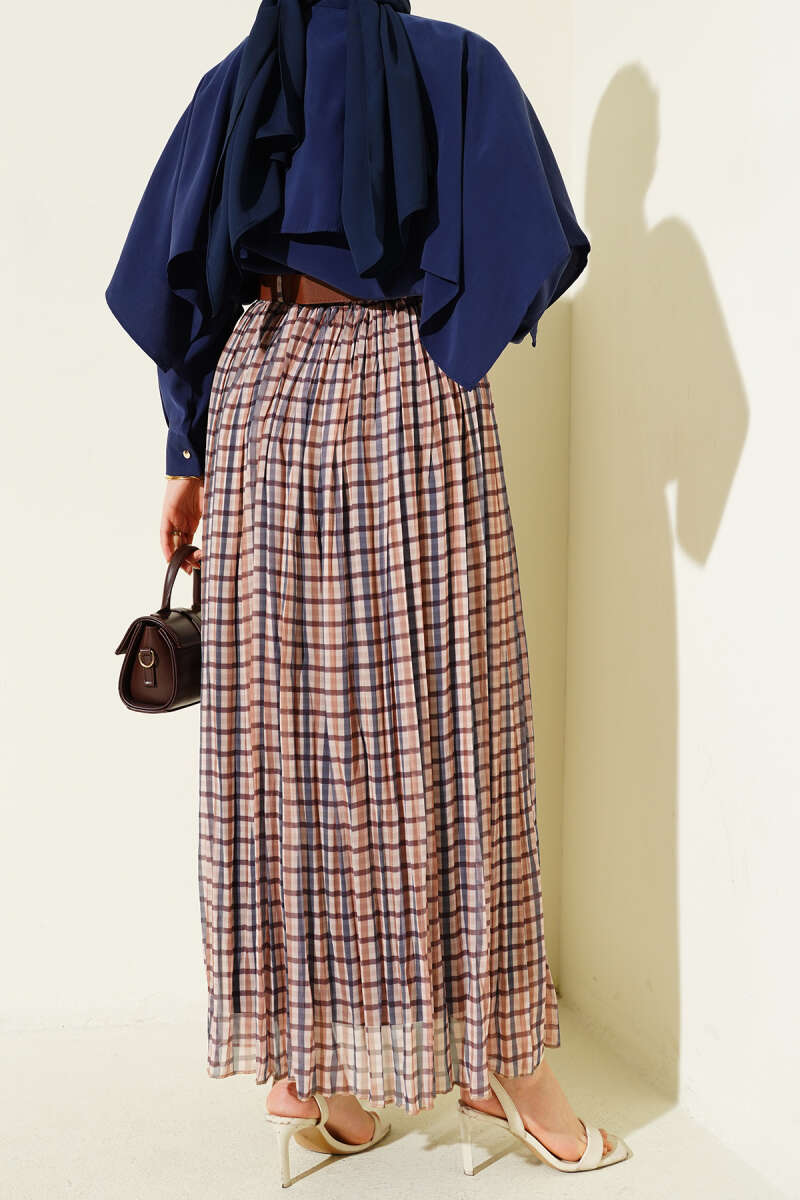 Kemerli Sık Pileli Ekoseli Etek