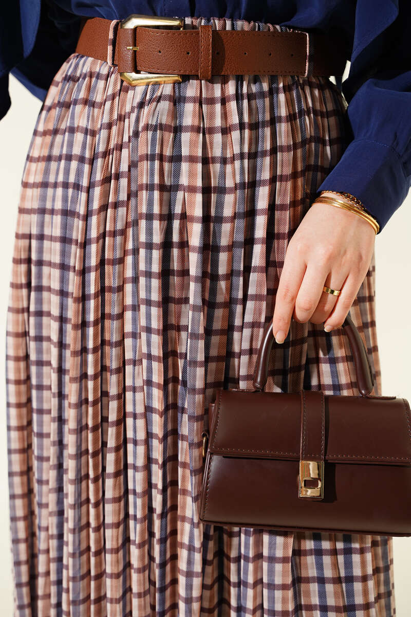 Kemerli Sık Pileli Ekoseli Etek