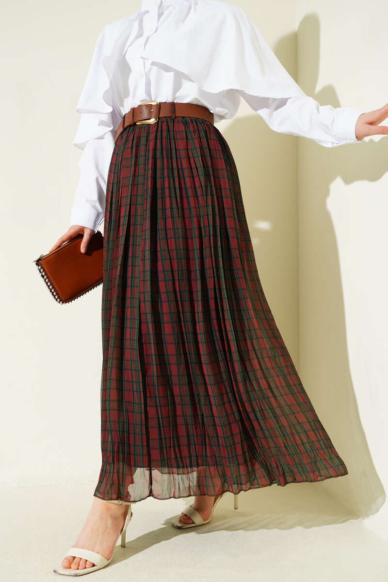 Kemerli Sık Pileli Ekoseli Etek