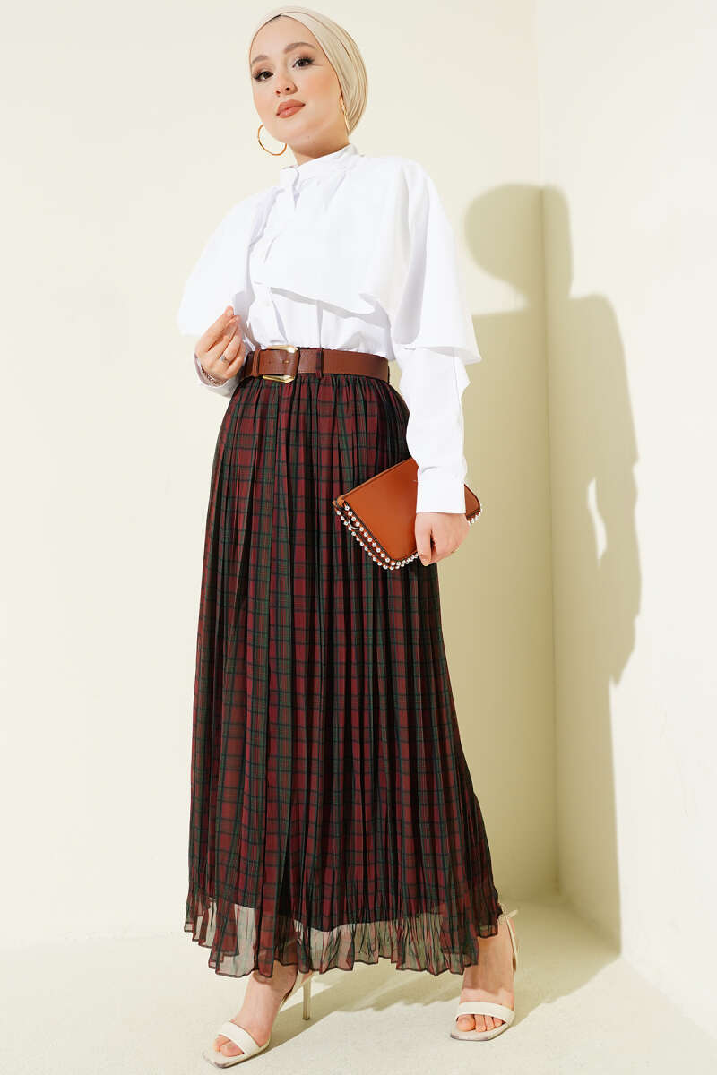 Kemerli Sık Pileli Ekoseli Etek