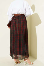 Kemerli Sık Pileli Ekoseli Etek