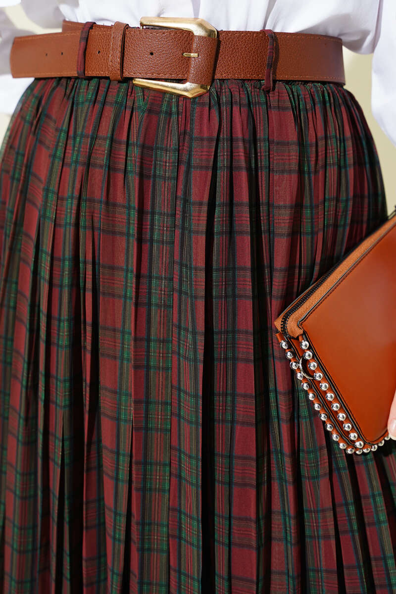 Kemerli Sık Pileli Ekoseli Etek