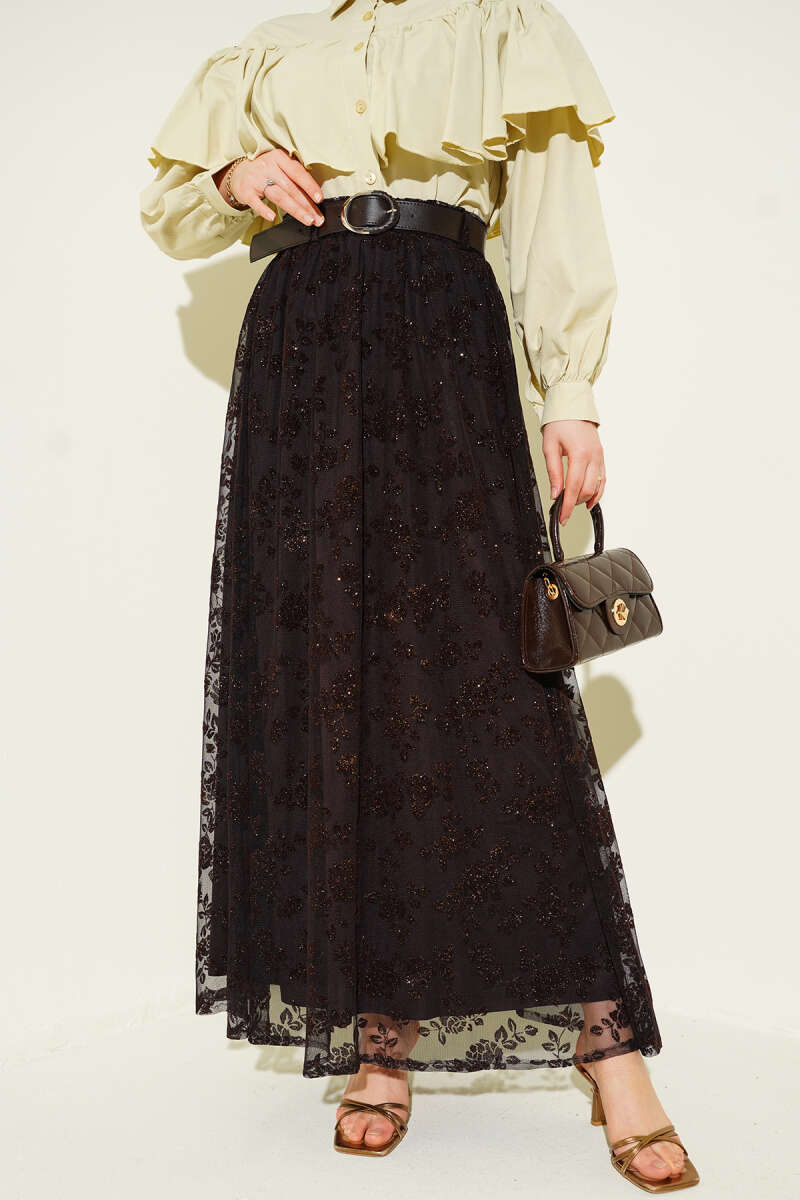 Kemerli Simli Kloş Tül Etek Acı Kahve Главное изображение товара