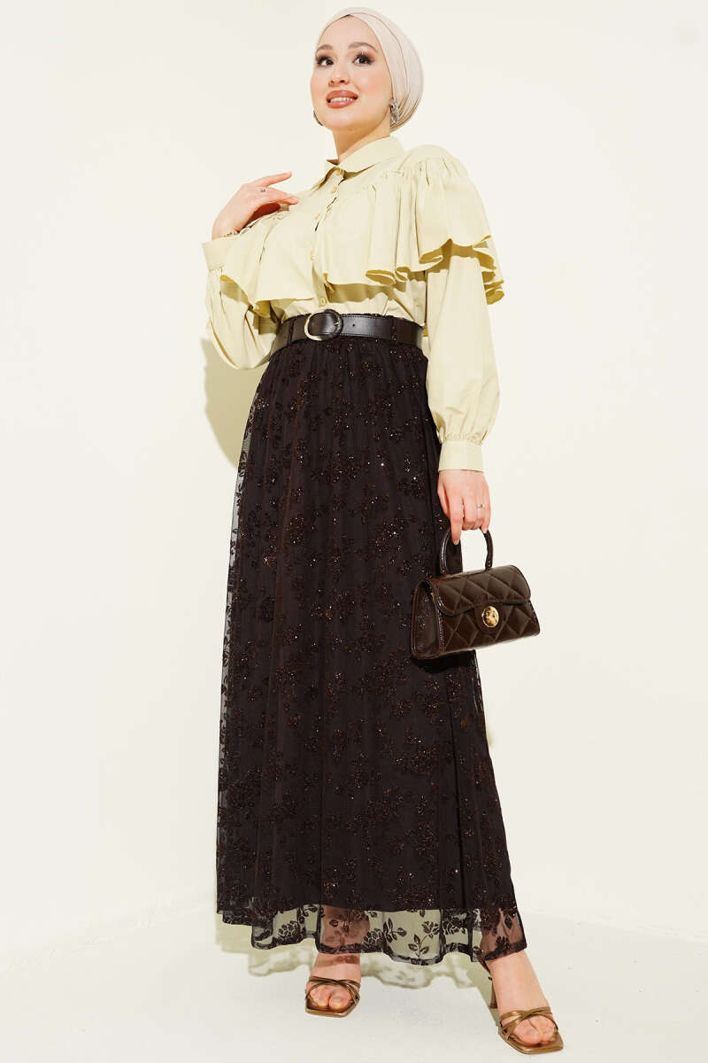 Belted Silvery Flared Tulle Skirt Второстепенное изображение товара