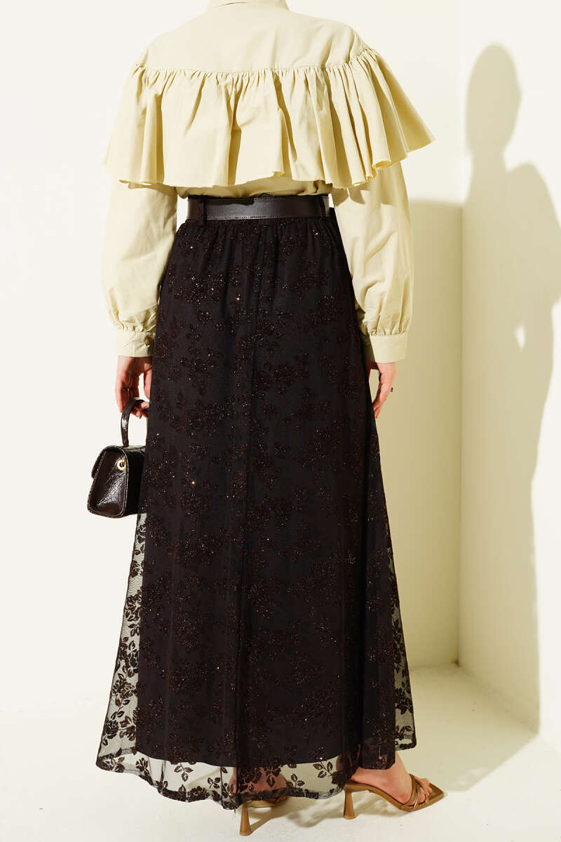 Kemerli Simli Kloş Tül Etek Acı Kahve