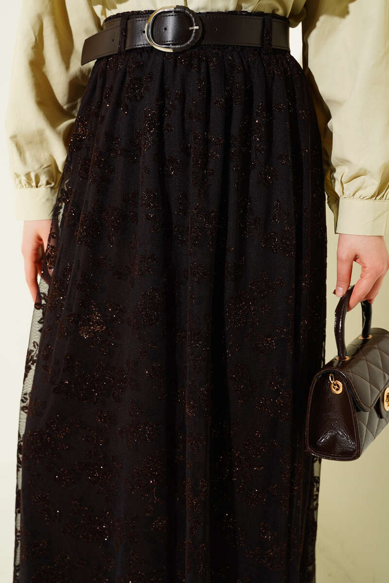 Kemerli Simli Kloş Tül Etek Acı Kahve